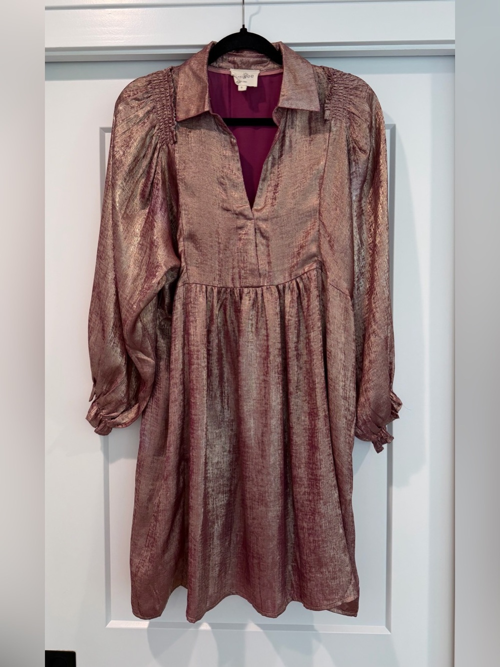 Umgee Metallic Rose Long Sleeve Collared Dress Size Small